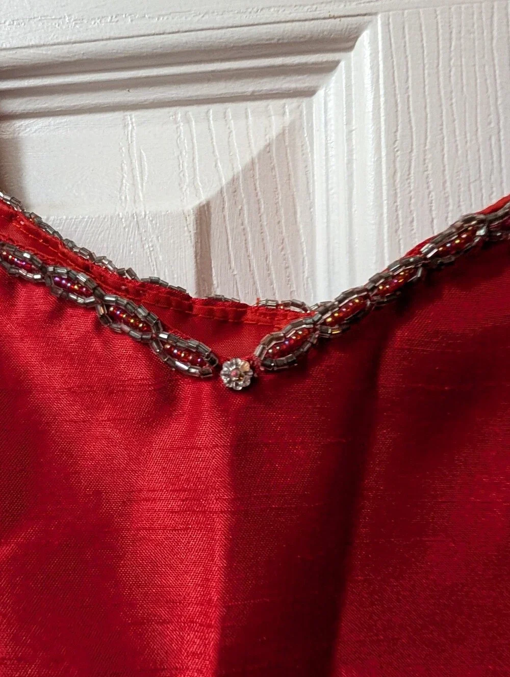Vintage Red Satin-Like Formal Evening Gown Maxi Dress Beaded Trim Sleeveless - Picture 5 of 7
